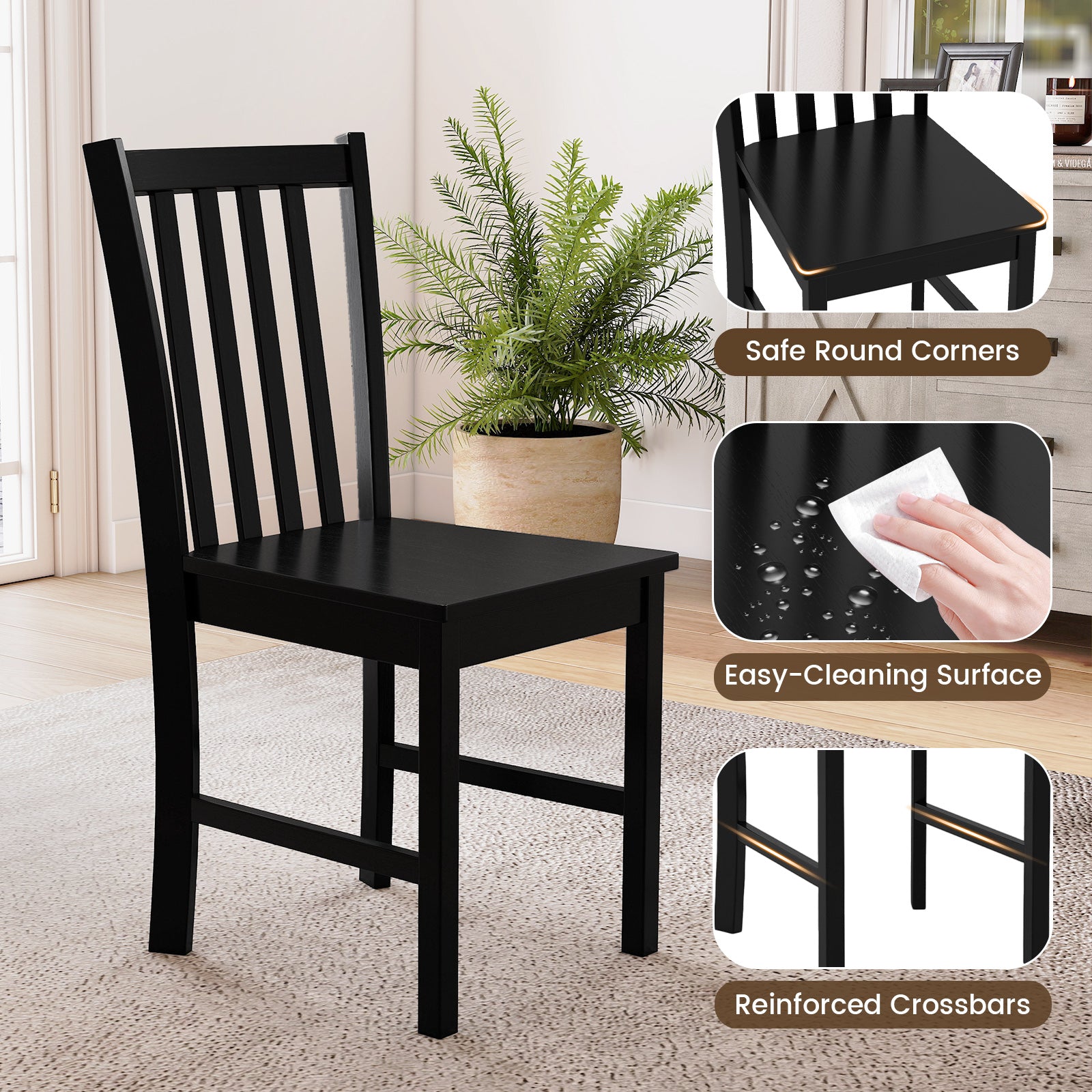 Rustic Wooden Dining Chairs, Set of 2, Slat Tilt Backrest, Black Dining Chairs at Gallery Canada