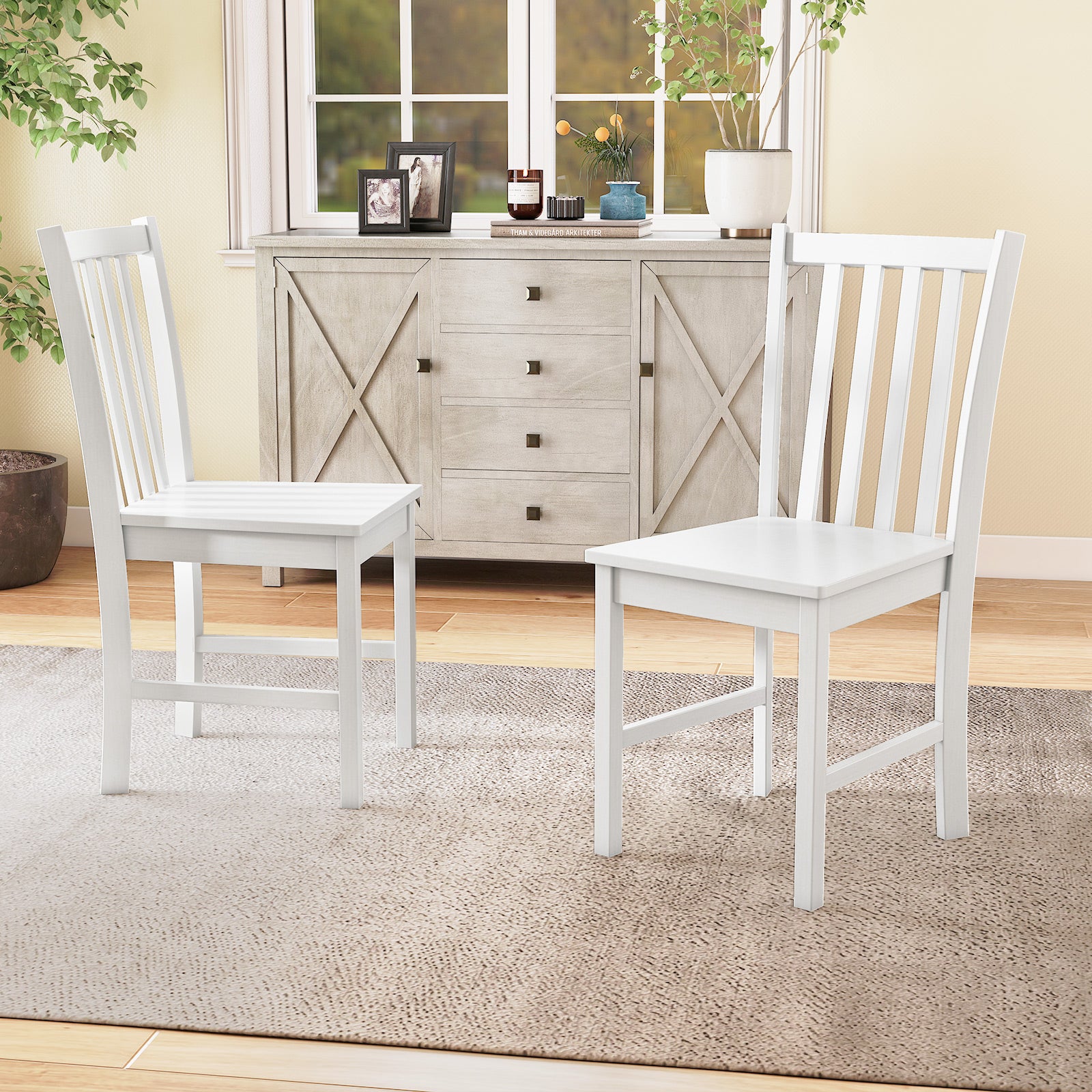 Wooden Dining Chairs Set of 2, Slat Tilt Backrest, White Dining Chairs at Gallery Canada