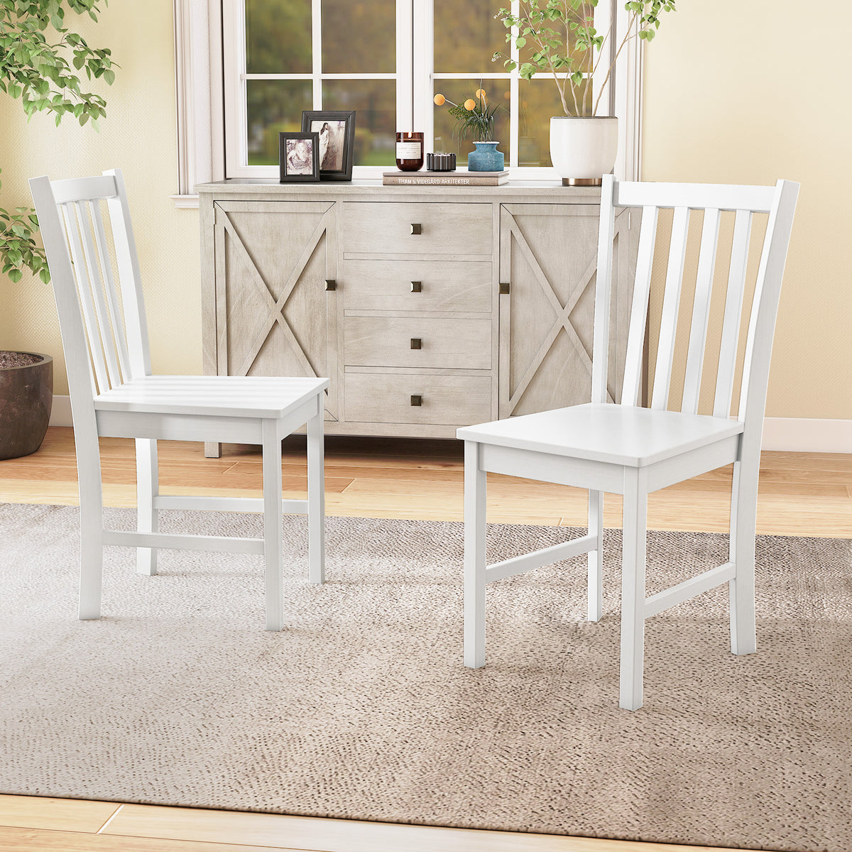 Wooden Dining Chairs Set of 2, Slat Tilt Backrest, White Dining Chairs at Gallery Canada