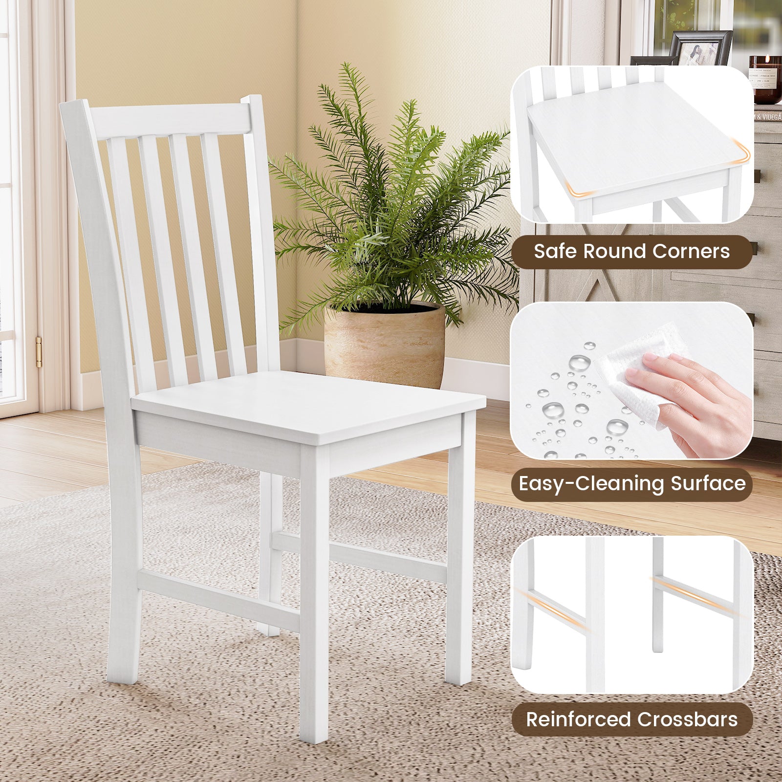 Wooden Dining Chairs Set of 2, Slat Tilt Backrest, White Dining Chairs at Gallery Canada