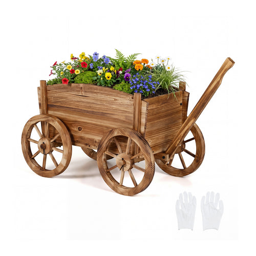 Rustic Rolling Flower Pot Stand with Wheels and Handle, Coffee