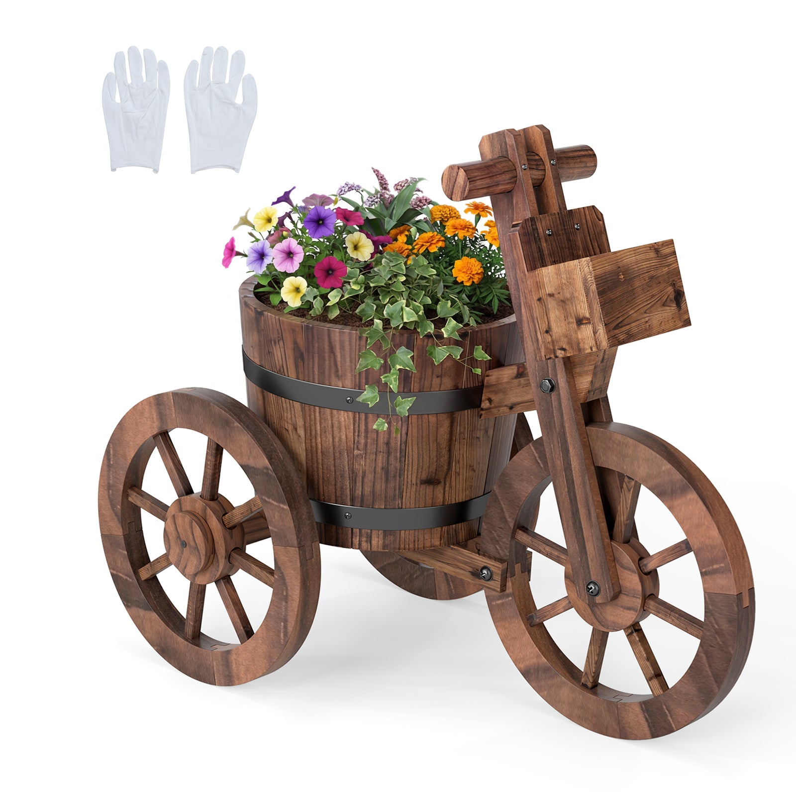 Rustic Wood Tricycle Planter with Wheels and Storage Box, Coffee Raised Garden Beds Coffee at Gallery Canada