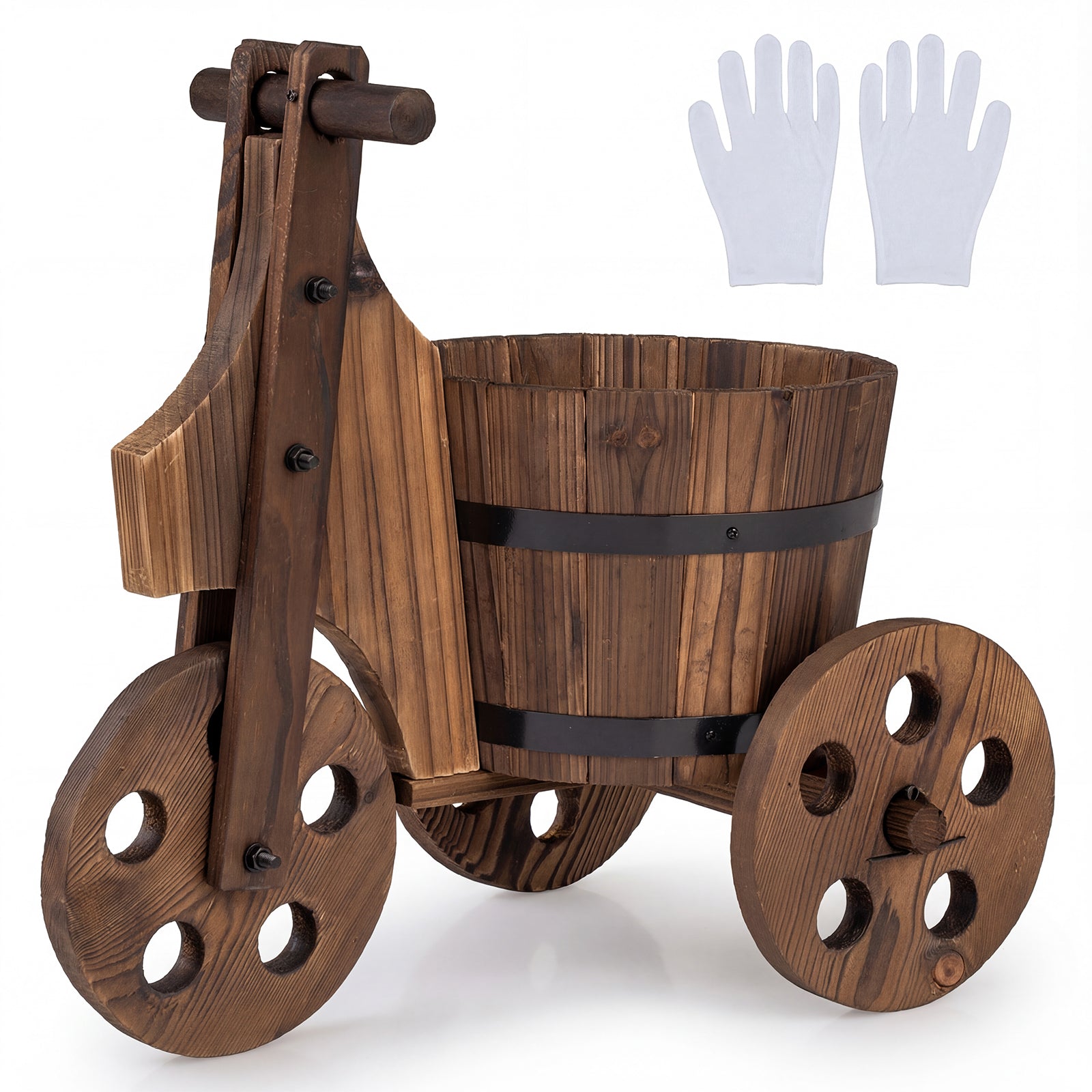 Rustic Wood Tricycle Planter Barrel Flower Pot Cart with Drainage Hole, Coffee Raised Garden Beds Coffee at Gallery Canada