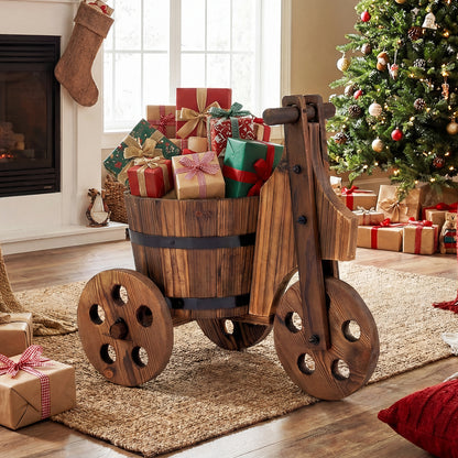 Rustic Wood Tricycle Planter Barrel Flower Pot Cart with Drainage Hole, Coffee Raised Garden Beds at Gallery Canada