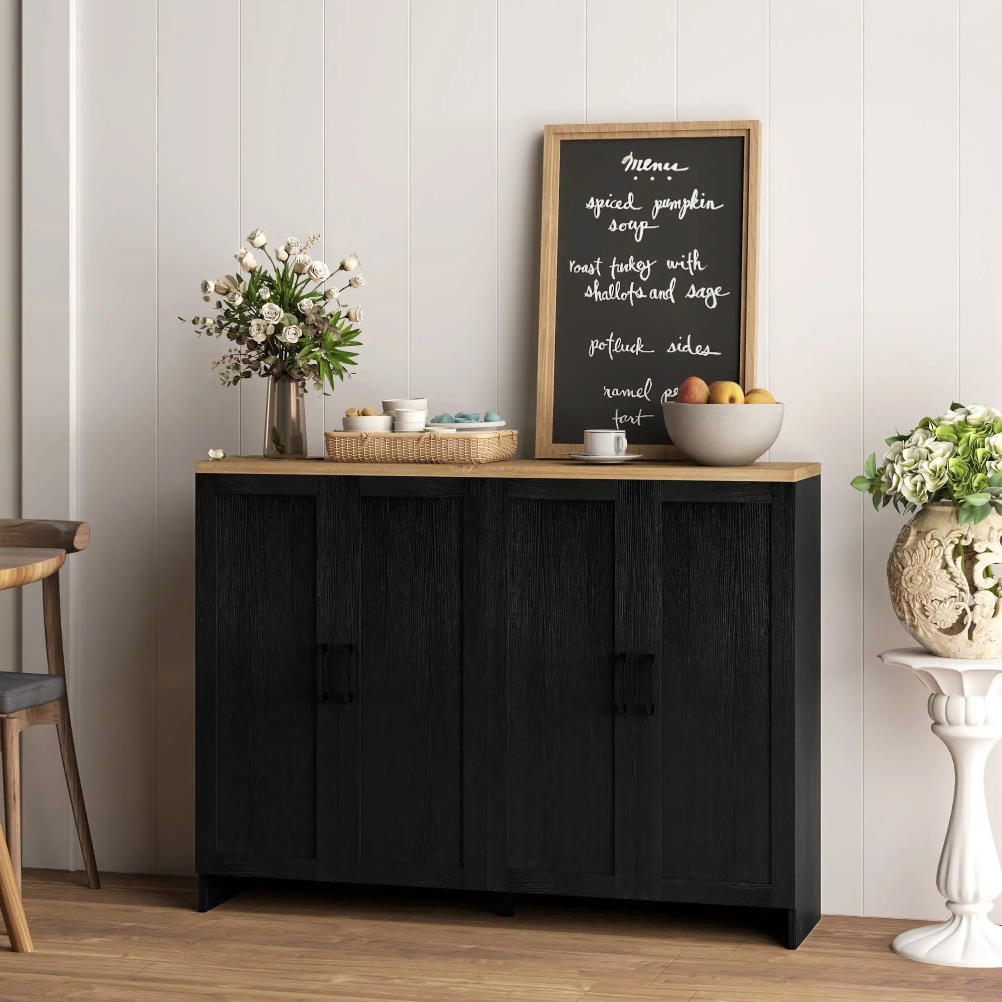 Modern Sideboard Buffet Cabinet, 4 Doors Adjustable Shelves, Black Storage Cabinets at Gallery Canada