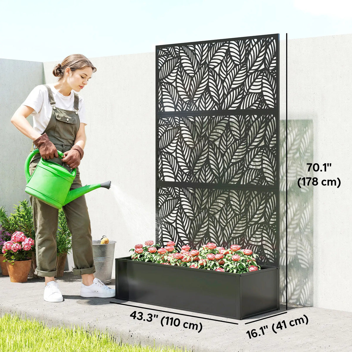 70" Metal Planter Box With Trellis, Raised Garden Bed, Leaves Cut-Out Galvanized Planter Boxes at Gallery Canada