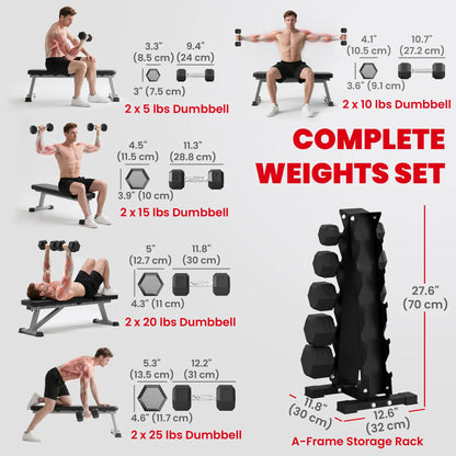 Hex Dumbbell Set with Rack, 150lbs Rubber-Coated, Non-Slip Handles, Rubber-Coated Dumbbells & Barbells at Gallery Canada