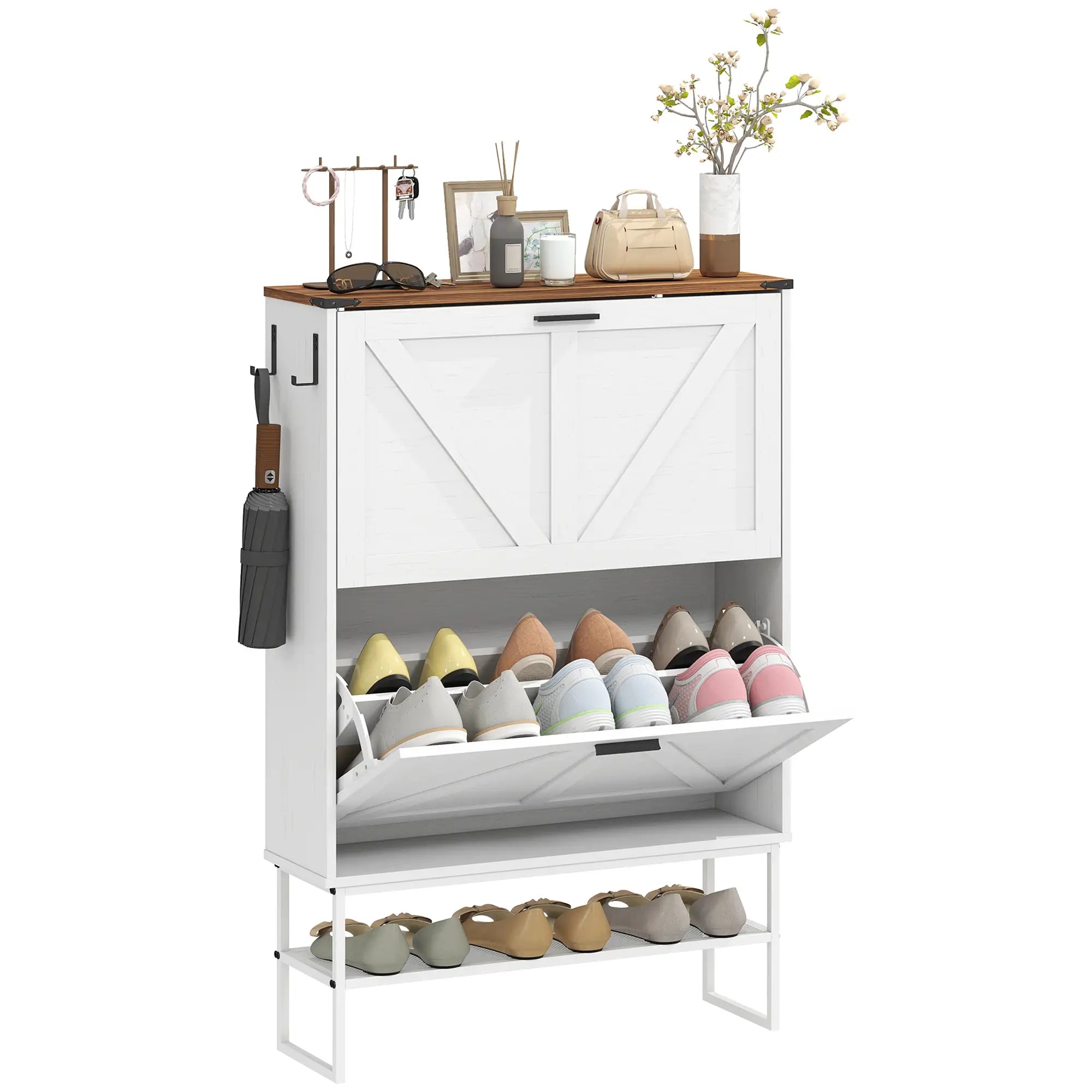 Narrow Shoe Cabinet with 2 Flip Drawers, Slim, White Wood Grain, White Shoe Storage Cabinets & Racks White Wood Grain, Brown at Gallery Canada