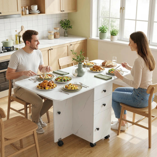 Drop Leaf Dining Table, Mobile Folding Table With Drawers, Marble White, White