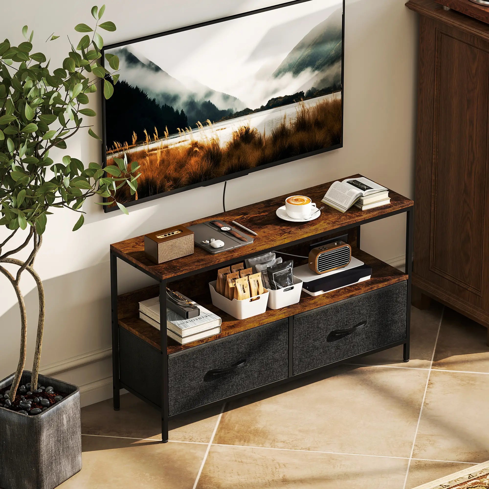 TV Stand With Charging Station, 2 Foldable Linen Drawers, Open Shelf, 47 Inch, Rustic Brown, Brown TV Stands at Gallery Canada