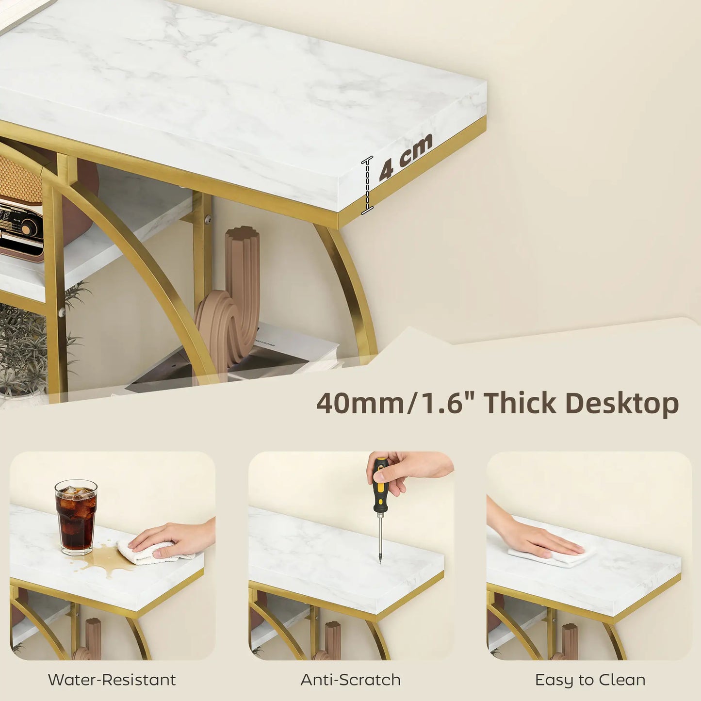 39.4" Console Table With Storage Shelves, White Marble Effect, White Console Tables at Gallery Canada