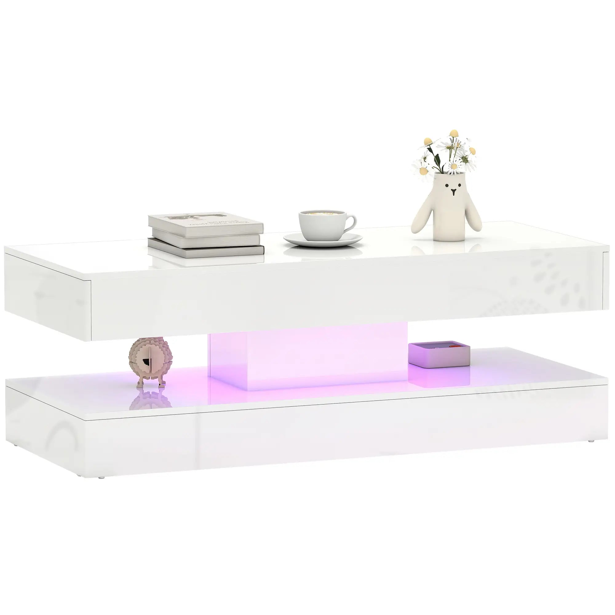 Adjustable LED Coffee Table, 2 Drawers, Open Shelf, Remote, High Gloss White, White Coffee Tables at Gallery Canada