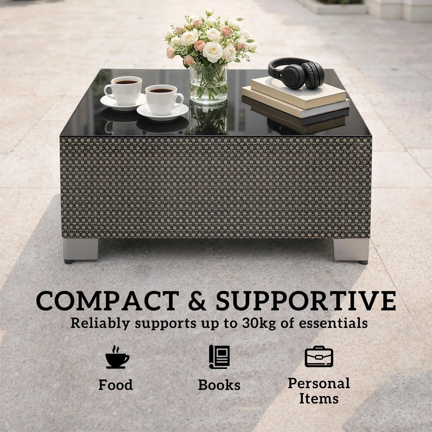 21.7" Square Patio Table, Tempered Glass Top, Black Patio Side Tables at Gallery Canada