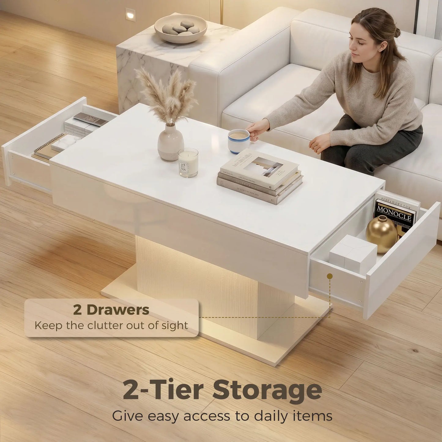 LED Coffee Table with Storage, High Gloss Modern Center Table with 2 Drawers and Remote Control for Living Room, White Coffee Tables at Gallery Canada