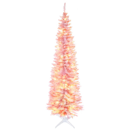 7' Pre Lit Artificial Pencil Christmas Tree, Warm White LED Lights, Pink