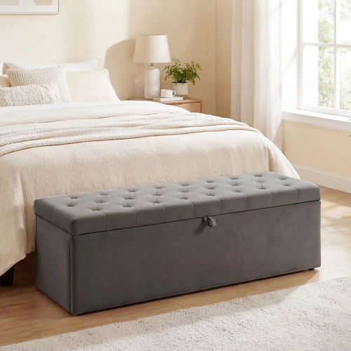 Storage Ottoman Bench, Button Tufted Velvet, Grey
