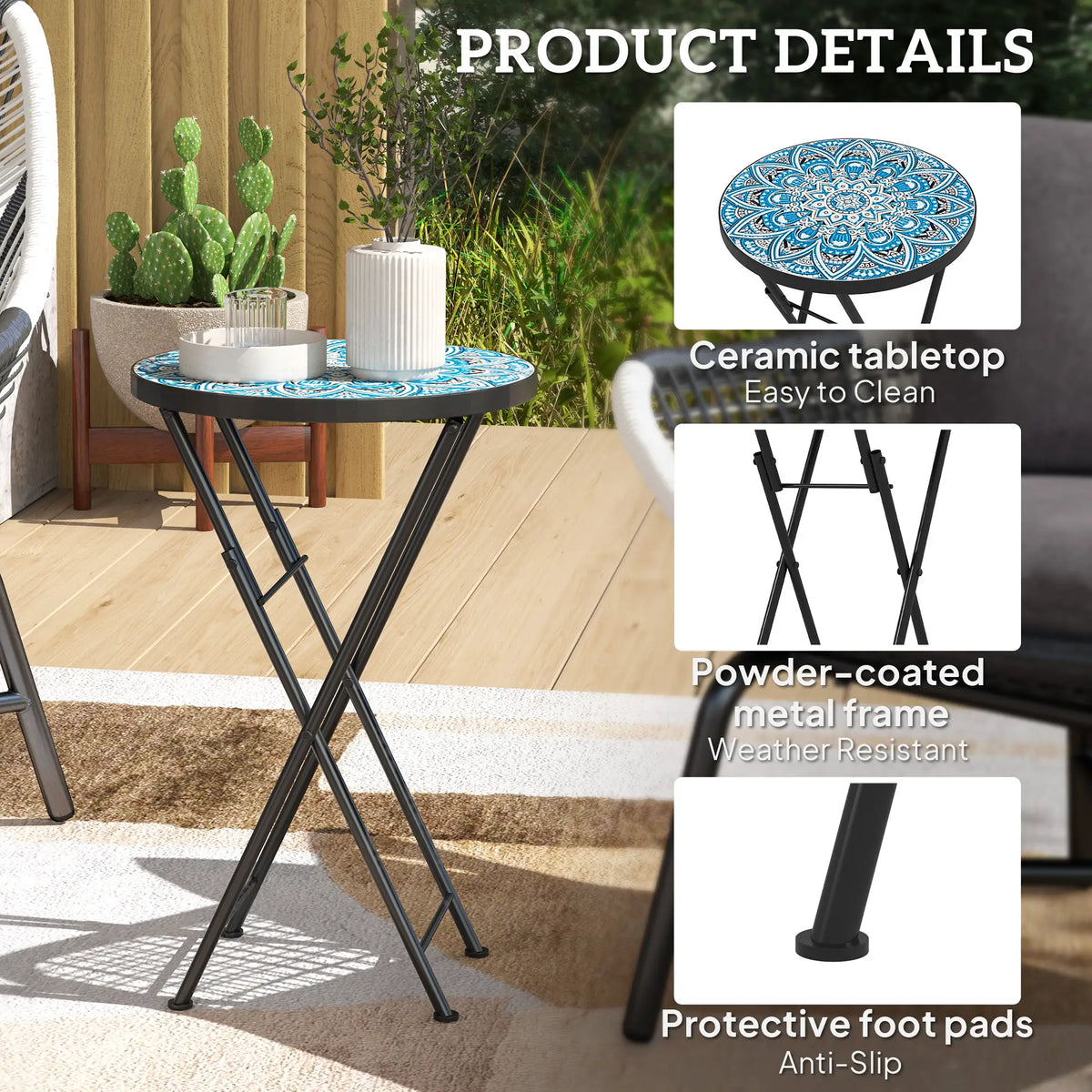 Mosaic Outdoor Patio Side Table, 14" Round, Steel Frame, Blue Patio Side Tables at Gallery Canada