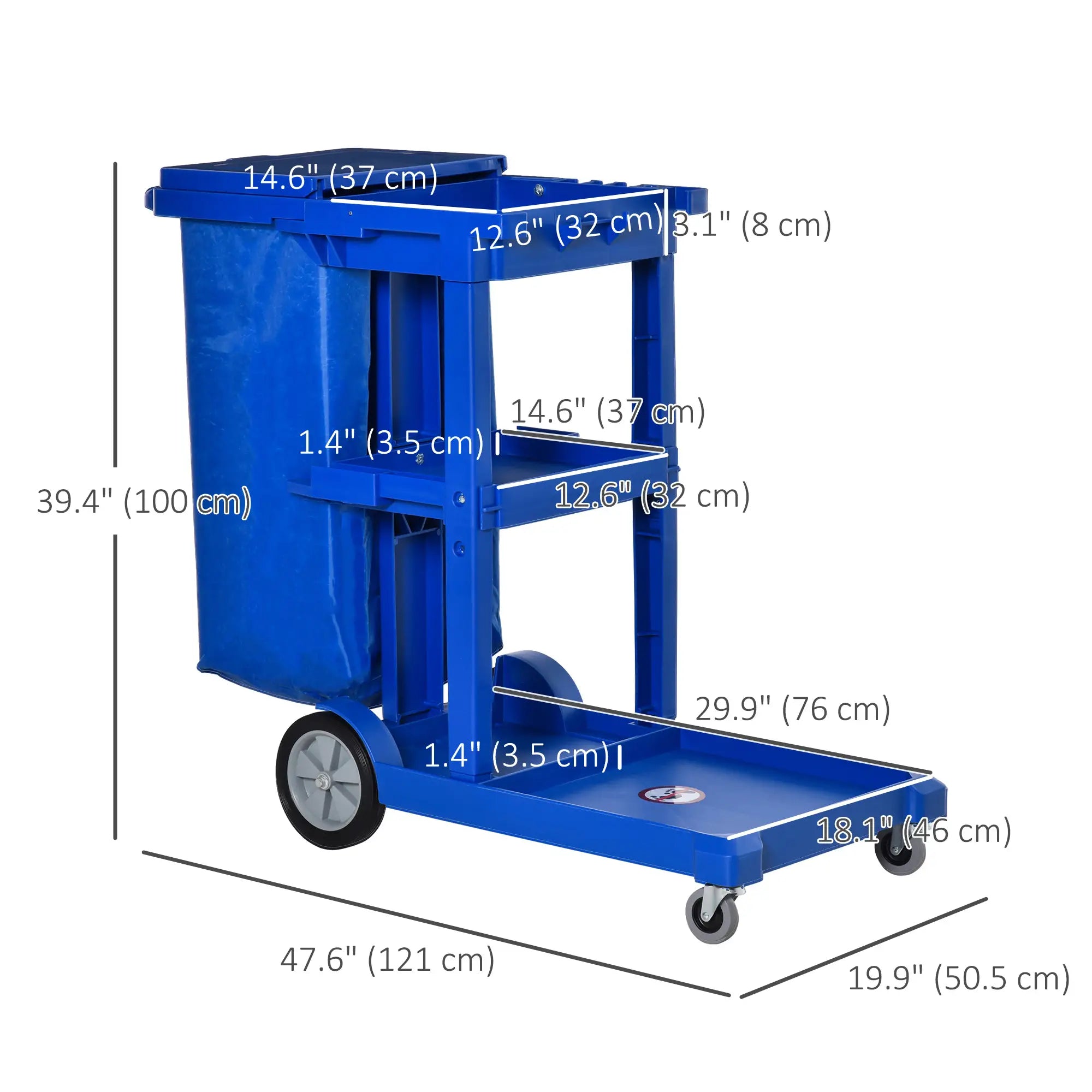 Commercial Janitorial Cart, 3 Tier Shelves, Cleaning Trolley, Rubbish Bag, Mop Mount, Blue Household Supplies at Gallery Canada