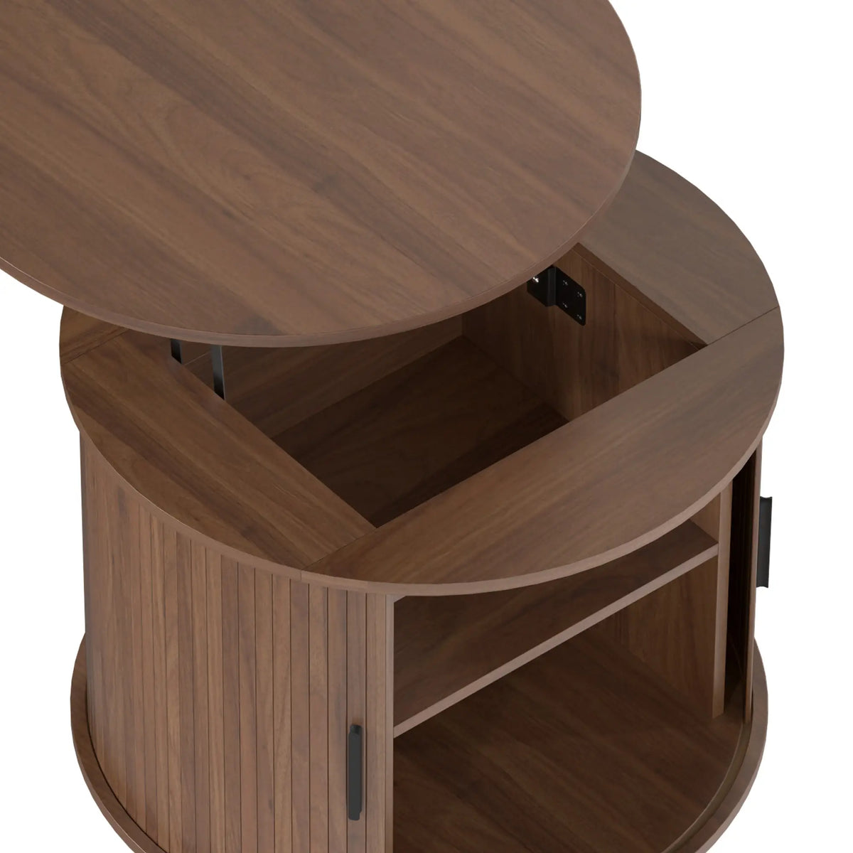 Table basse ronde avec plateau relevable, rangement cannelé, brun noyer, brun noyer