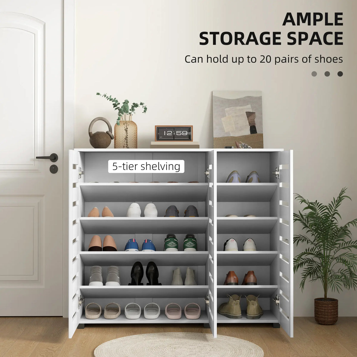 Narrow Shoe Cabinet, Slatted Doors, Adjustable Shelves, 20 Pairs, White Shoe Storage Cabinets & Racks at Gallery Canada