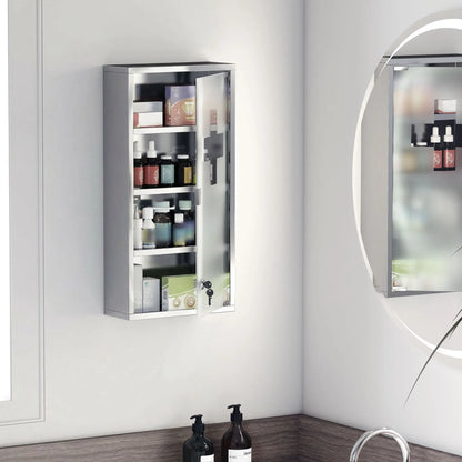 Wall Mount Medicine Cabinet, 4 Tier Shelves, Stainless Steel Frame, Glass Door, Lockable, 12" x 23.5", Silver Mirror Medicine Cabinets at Gallery Canada