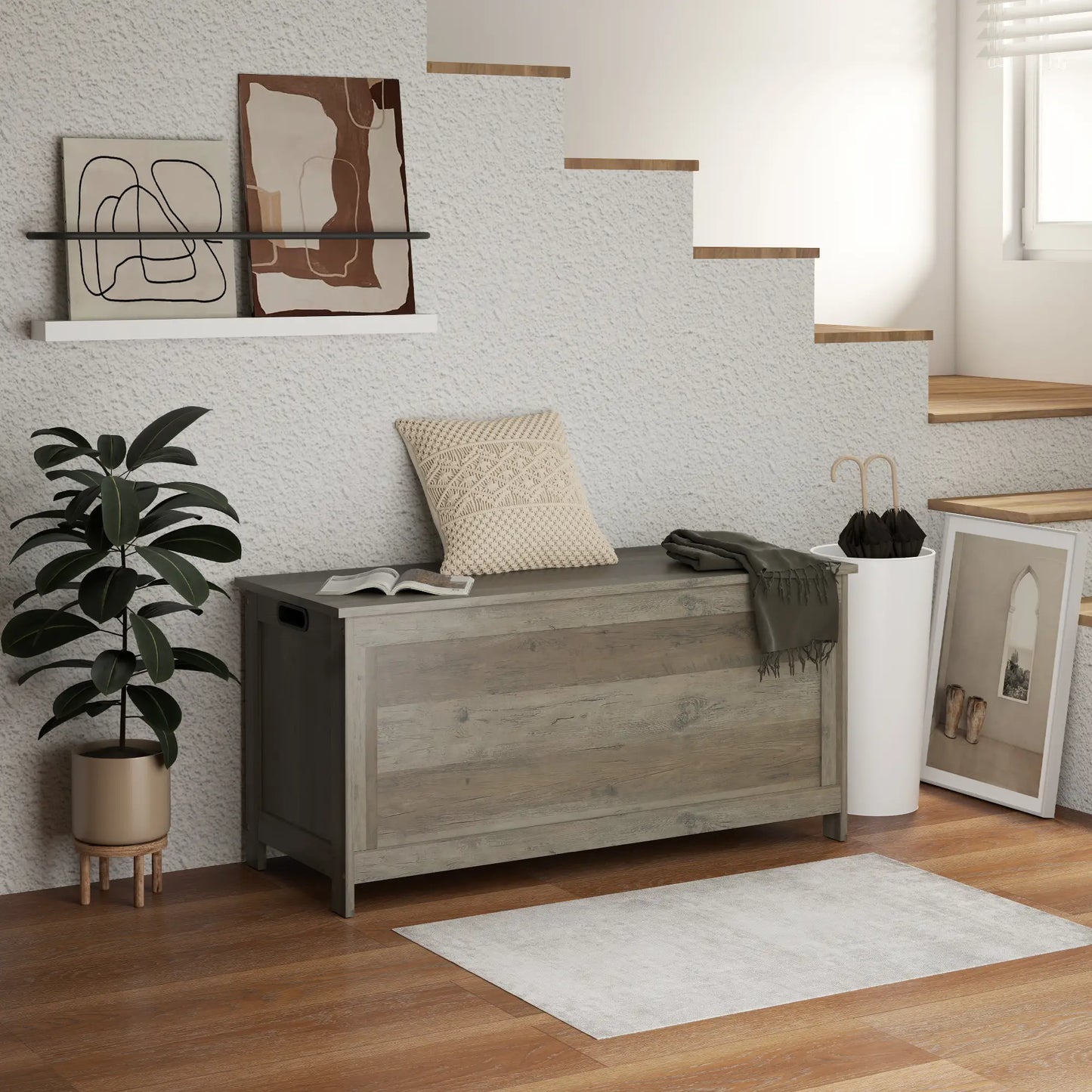 Storage Trunk, Entryway Bench with Side Handles, Distressed, Grey Storage Cabinets at Gallery Canada