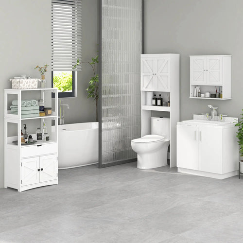 Over Toilet Cabinet, Bathroom Storage with Barn Doors, Open Shelf, White