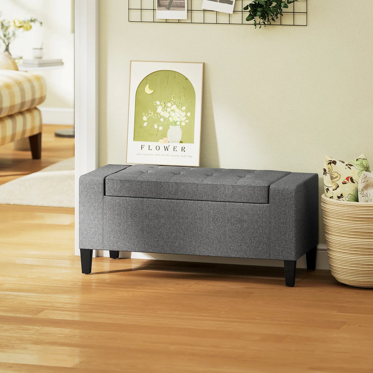 36" Linen-Look Storage Ottoman Bench, Solid Wood Frame, Grey Storage Ottomans & Benches at Gallery Canada