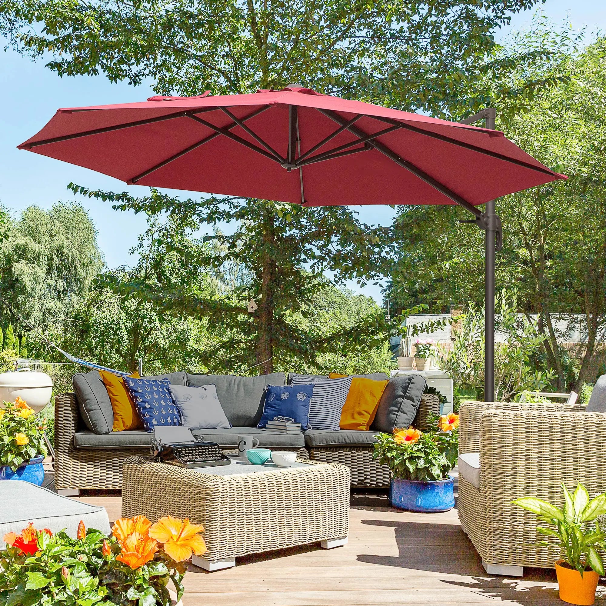 10ft Cantilever Patio Umbrella, 360° Rotation, Crank, Cross Base, Wine Red Offset Cantilever Umbrellas at Gallery Canada