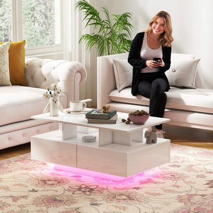 Modern Coffee Table with RGB LED Lights, 4 Drawers, Open Shelf, Remote, High Gloss White, White Coffee Tables at Gallery Canada