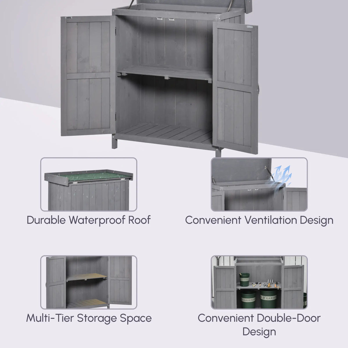 Wooden Garden Tool Shed, Hinged Roof, 2-Tier Shelves, Double Doors, 74x43x88cm, Dark Grey Sheds at Gallery Canada