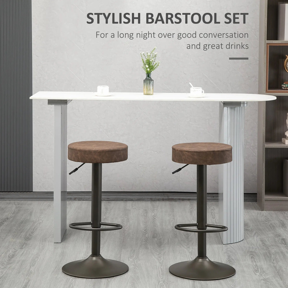 Adjustable Bar Stools Set of 2, Swivel with Footrest, PU Leather, Brown Bar Stools at Gallery Canada