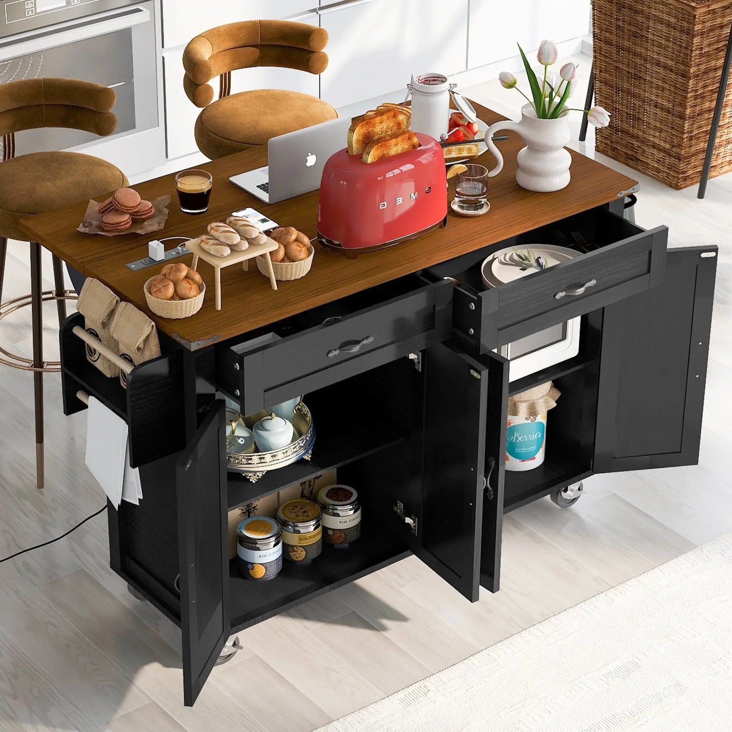 Kitchen Island with Spice Rack, Storage Drawers, Power Outlet, 53.5" L x 29" W x 36.5" H, Black Kitchen Islands & Kitchen Carts at Gallery Canada