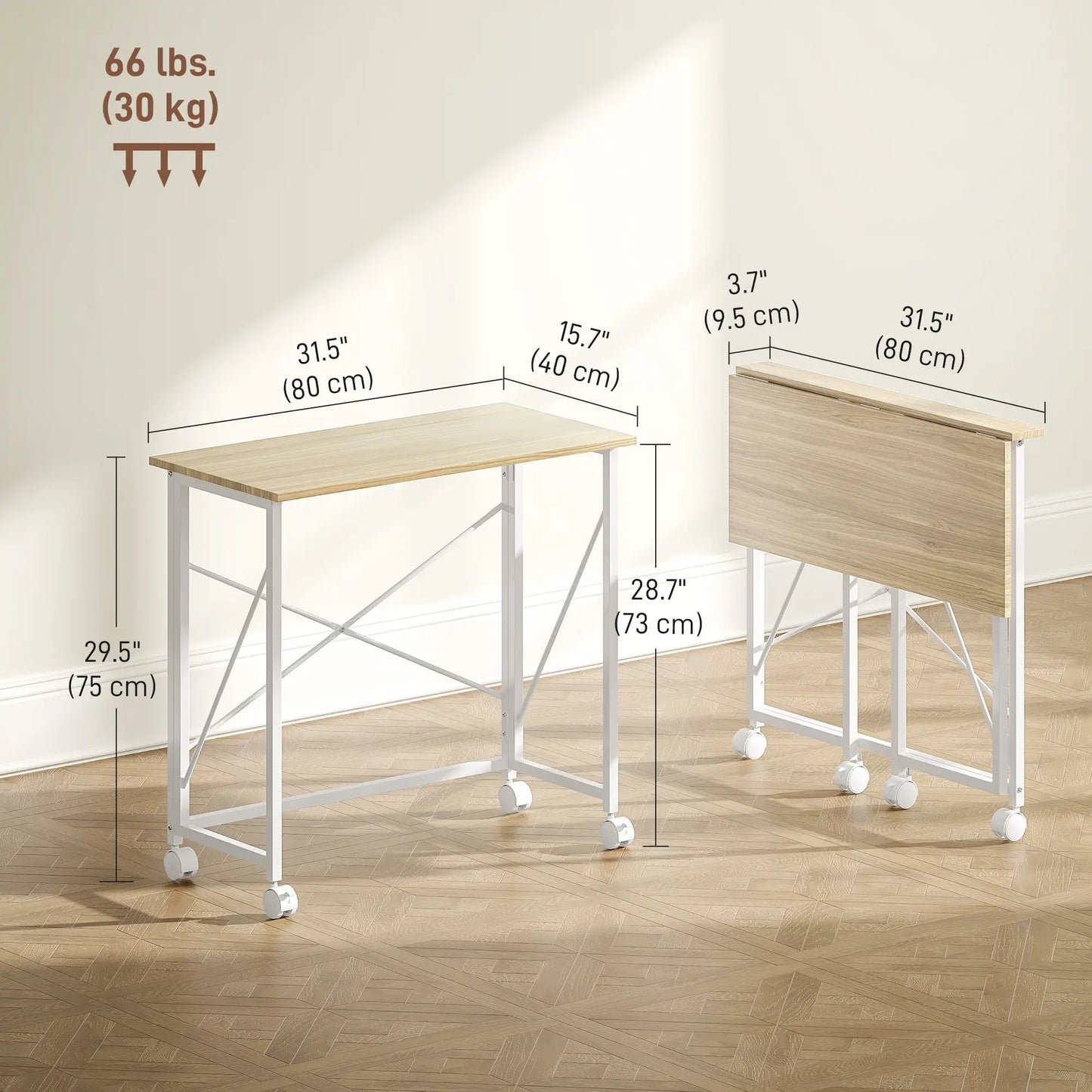 31.5" Folding Desk With Wheels, Home Office Desk, Natural Wood, Natural Wood Dumbbells & Barbells at Gallery Canada