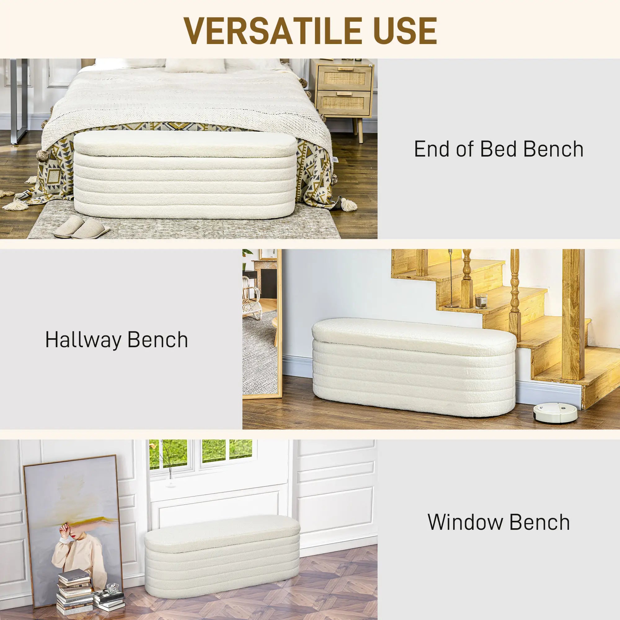 Teddy Fleece Upholstered Bed Bench, 116 cm, Cream White, Cream White Storage Ottomans & Benches at Gallery Canada