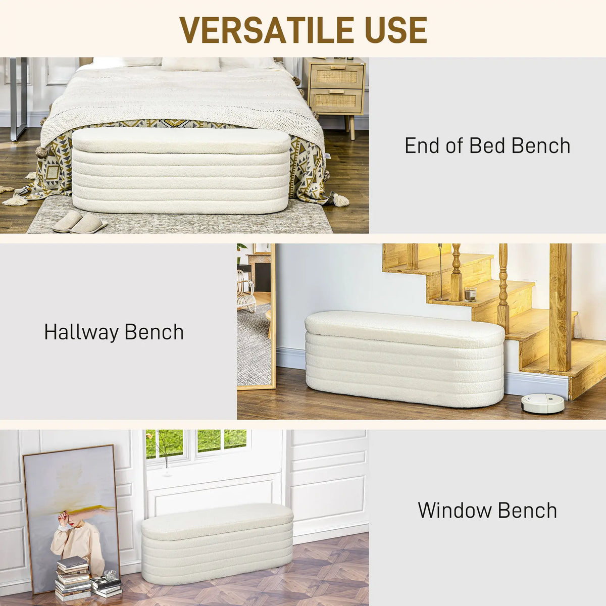 Teddy Fleece Upholstered Bed Bench, 116 cm, Cream White, Cream White Storage Ottomans & Benches at Gallery Canada
