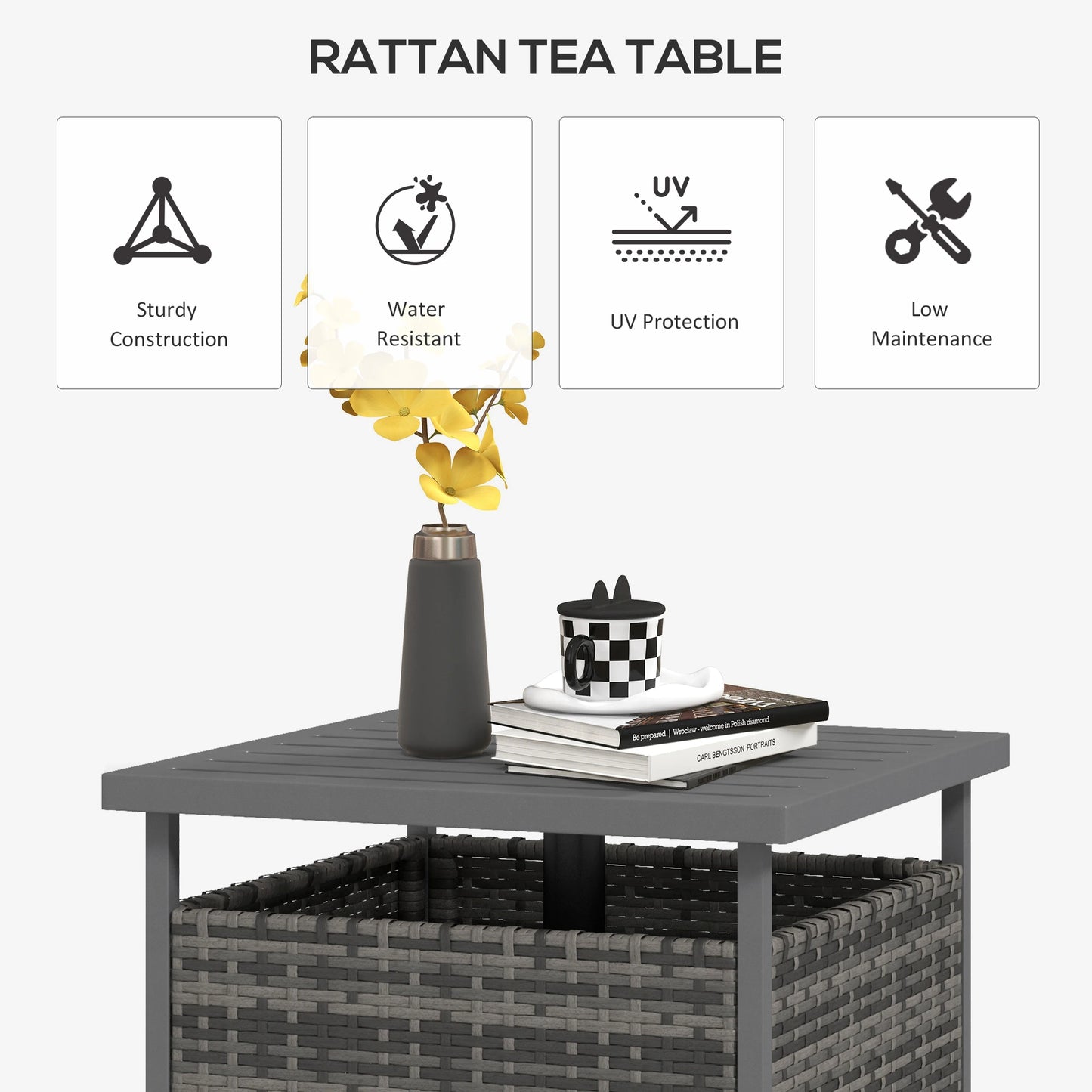 Rattan Coffee Table, Wicker Patio, Umbrella Hole, Mixed-Grey Patio Side Tables at Gallery Canada