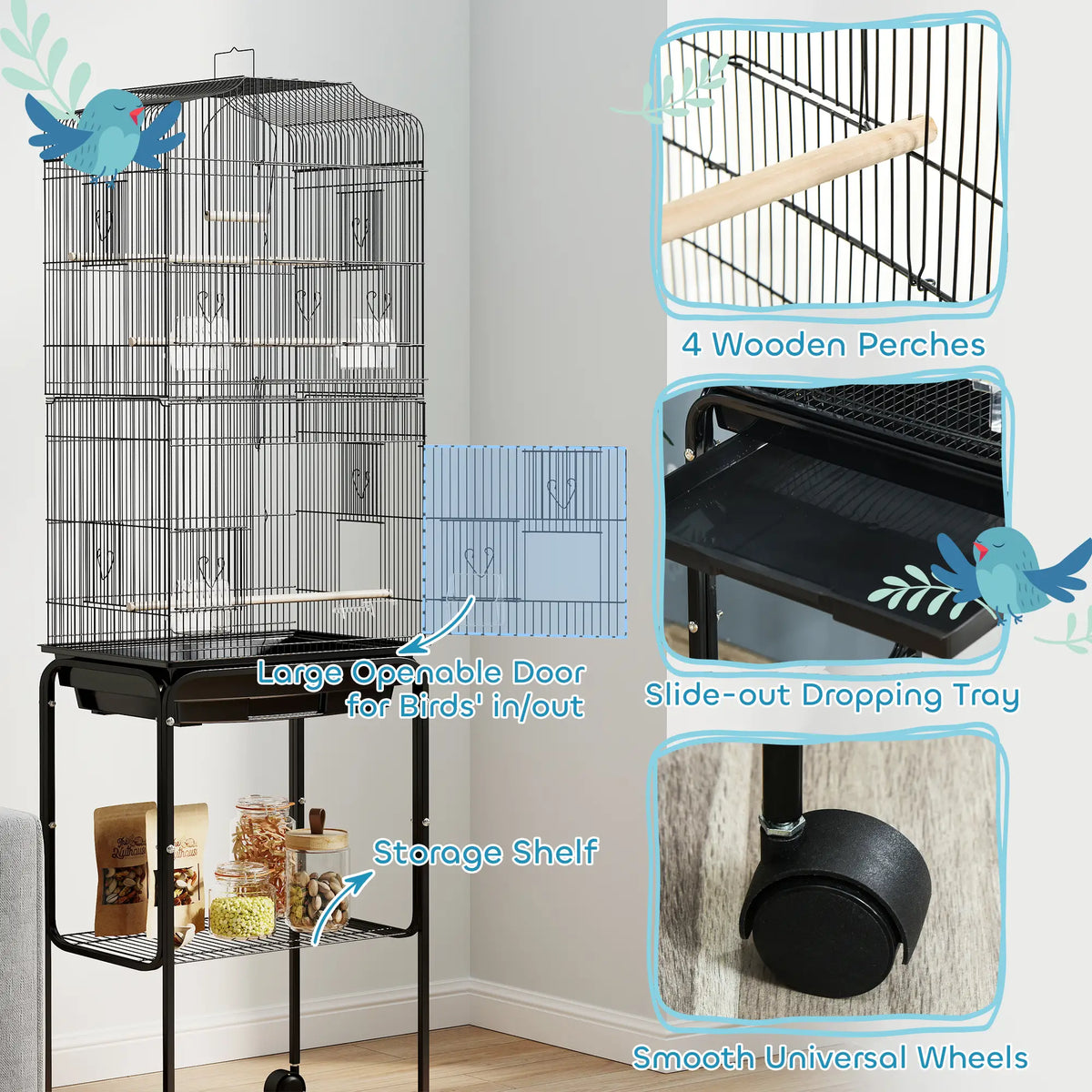 62" Rolling Bird Cage, Cockatoo House, Play Top, Storage Shelf, Wheels, Black Bird Cages at Gallery Canada