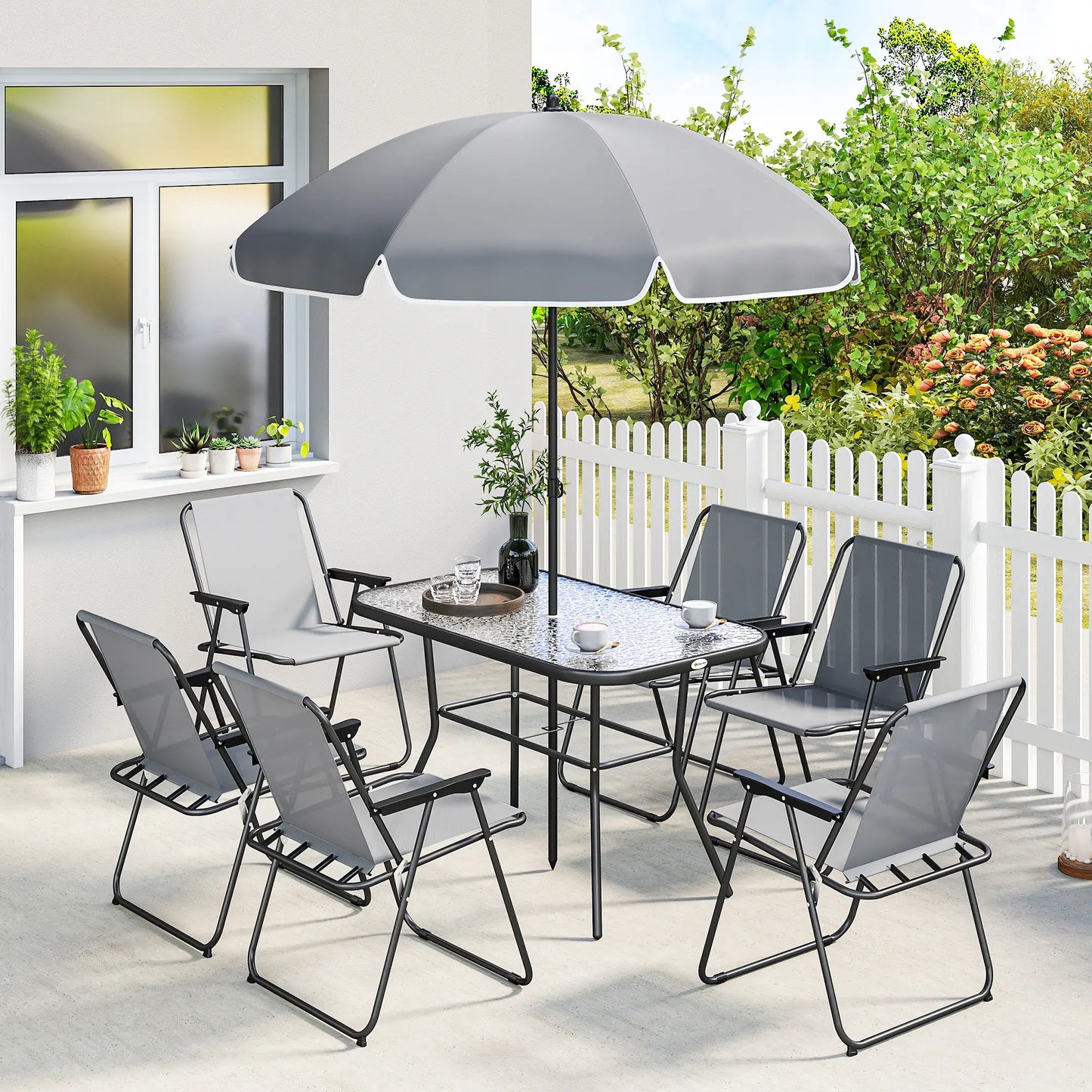 8 Piece Patio Table And Chairs Set, Tempered Glass Tabletop, Grey Outdoor Dining Sets at Gallery Canada