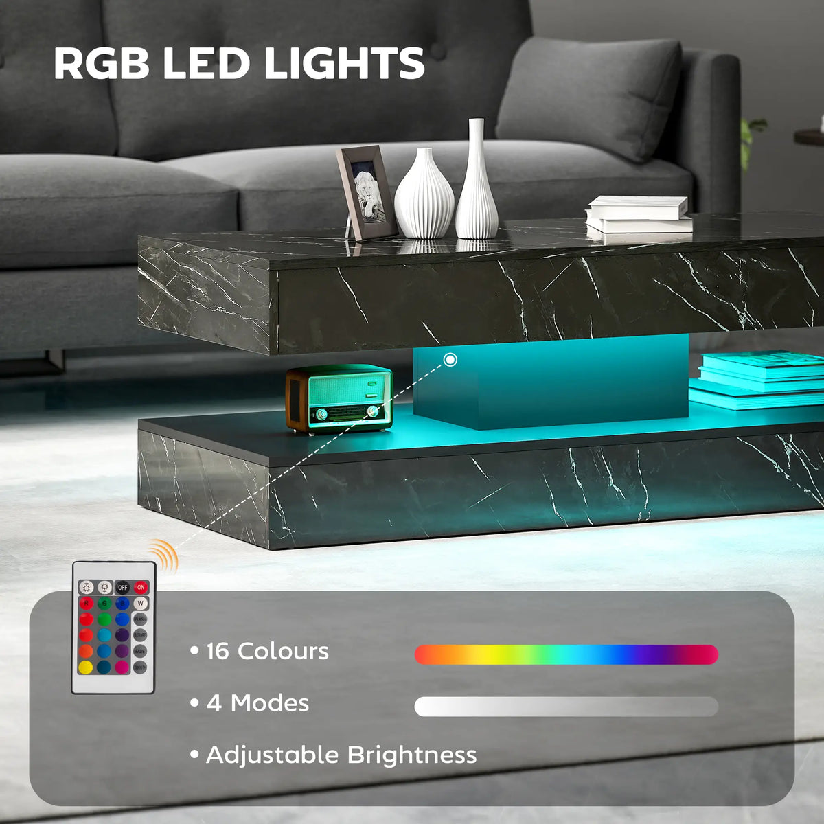 Adjustable LED Coffee Table, 2 Drawers, Open Shelf, Remote, High Gloss Black Coffee Tables at Gallery Canada