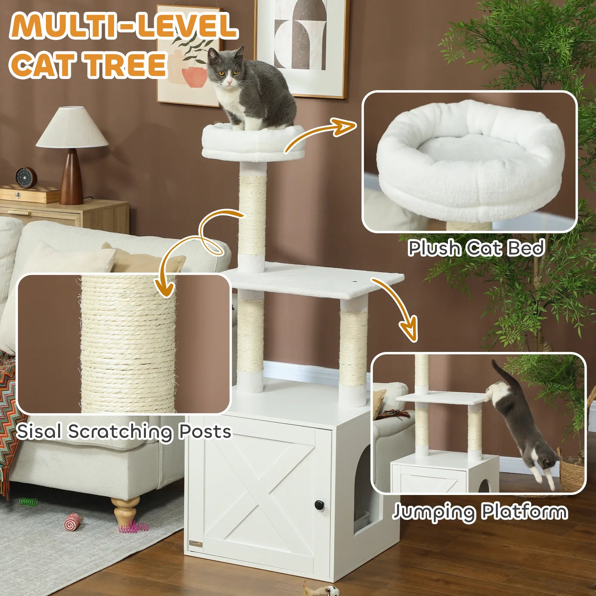 Cat Tree with Litter Box, Scratching Posts, Large Platform, Bed, White Cat Litter Box Enclosures at Gallery Canada