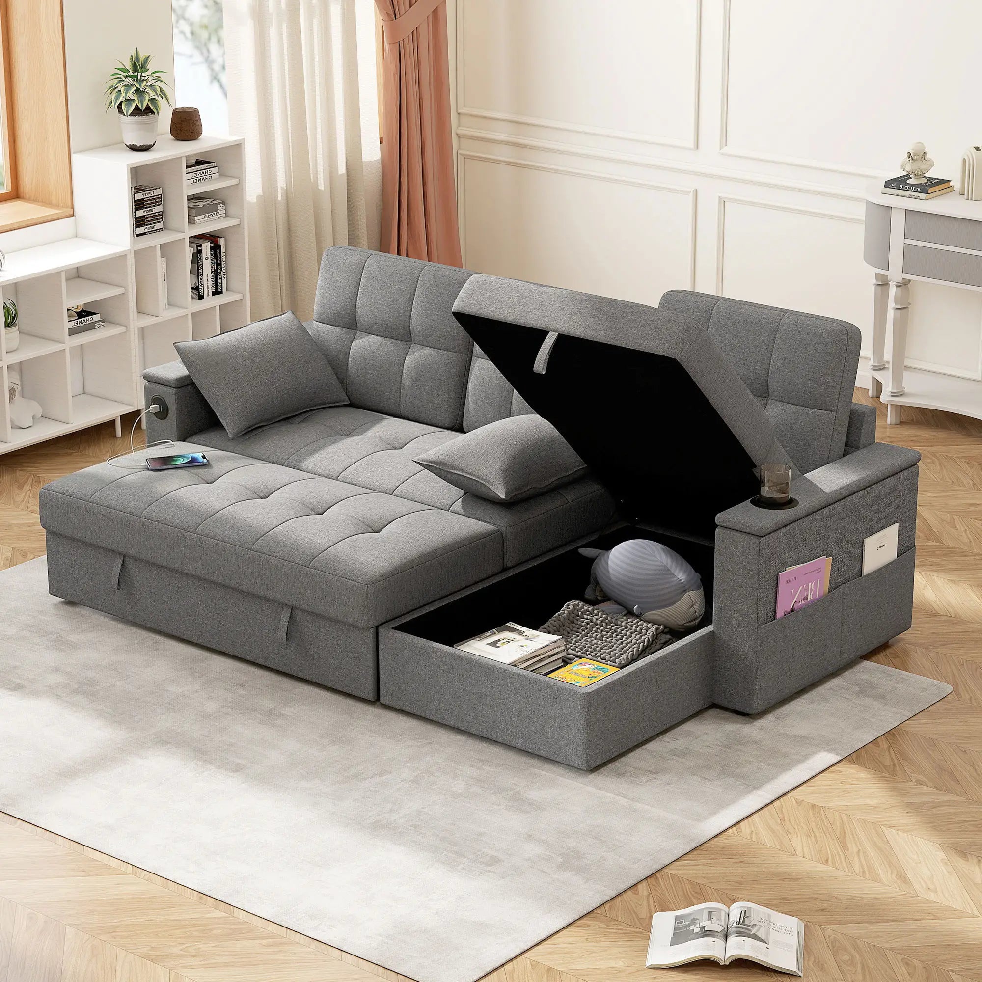 Convertible Sectional Sofa Bed, Pull Out Sleeper with USB, Chaise Storage, Grey Sofas & Reclining Chairs at Gallery Canada