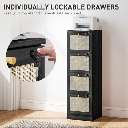 4 Drawer Filing Cabinet with Lock, Boho Style, A4 Letter Size, Black Office Cabinets & Cupboards at Gallery Canada