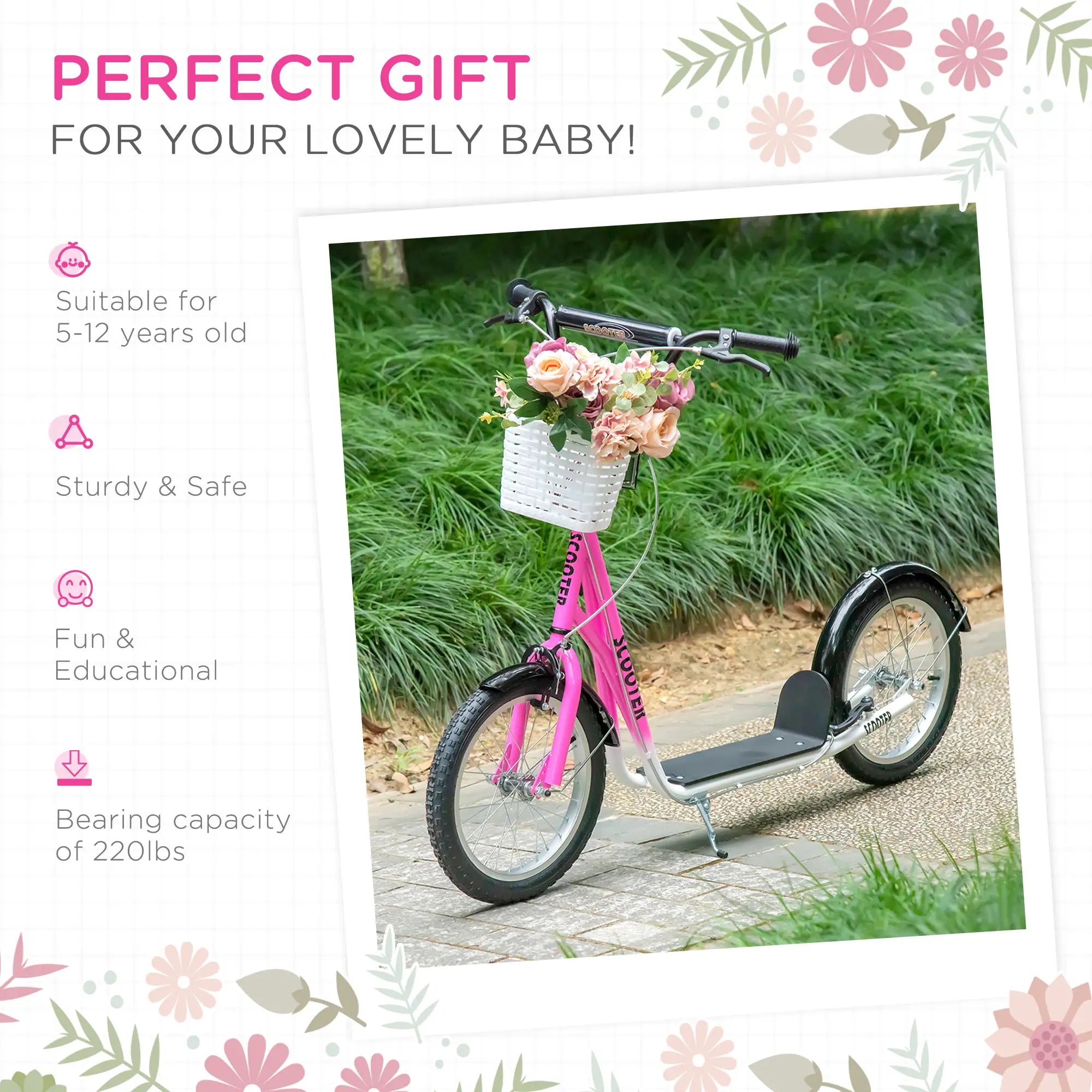 Kids Kick Scooter, Adjustable Handlebar, 2 Brakes, Basket, 16