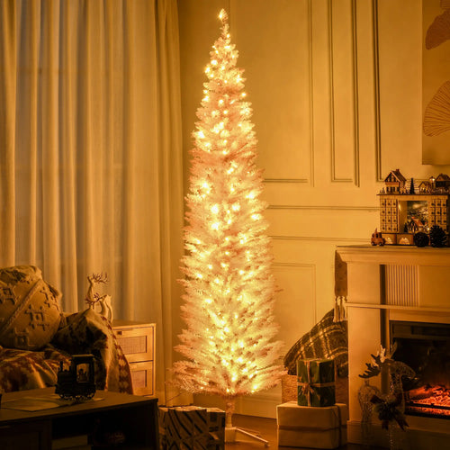 7' Pre Lit Artificial Pencil Christmas Tree, Warm White LED Lights, Pink