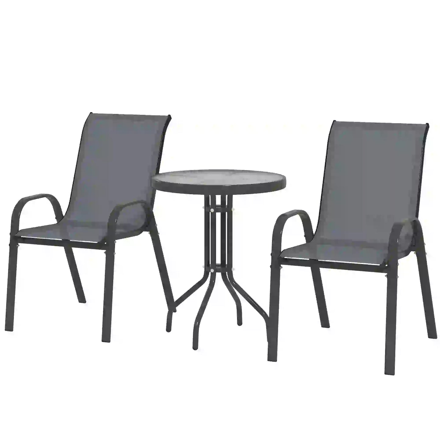3 Piece Bistro Set, Stackable Mesh Chairs, Glass Table, Dark Grey Bistro Sets Dark Grey at Gallery Canada