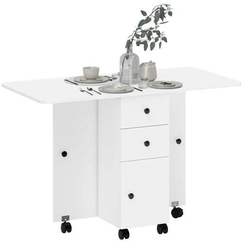 Foldable Dining Table, Rolling Kitchen Table with Storage, White