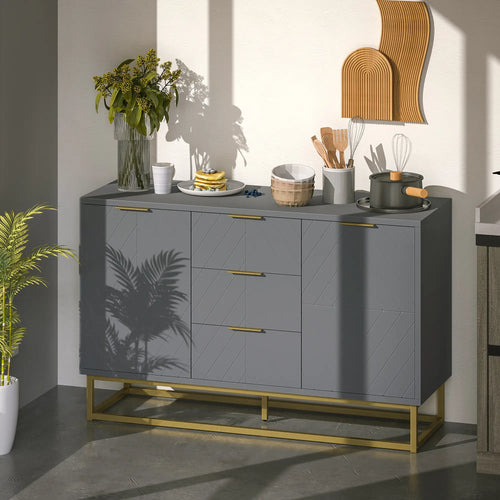 Sideboard Storage Cabinet, 3 Drawers, Adjustable Shelves, Grey