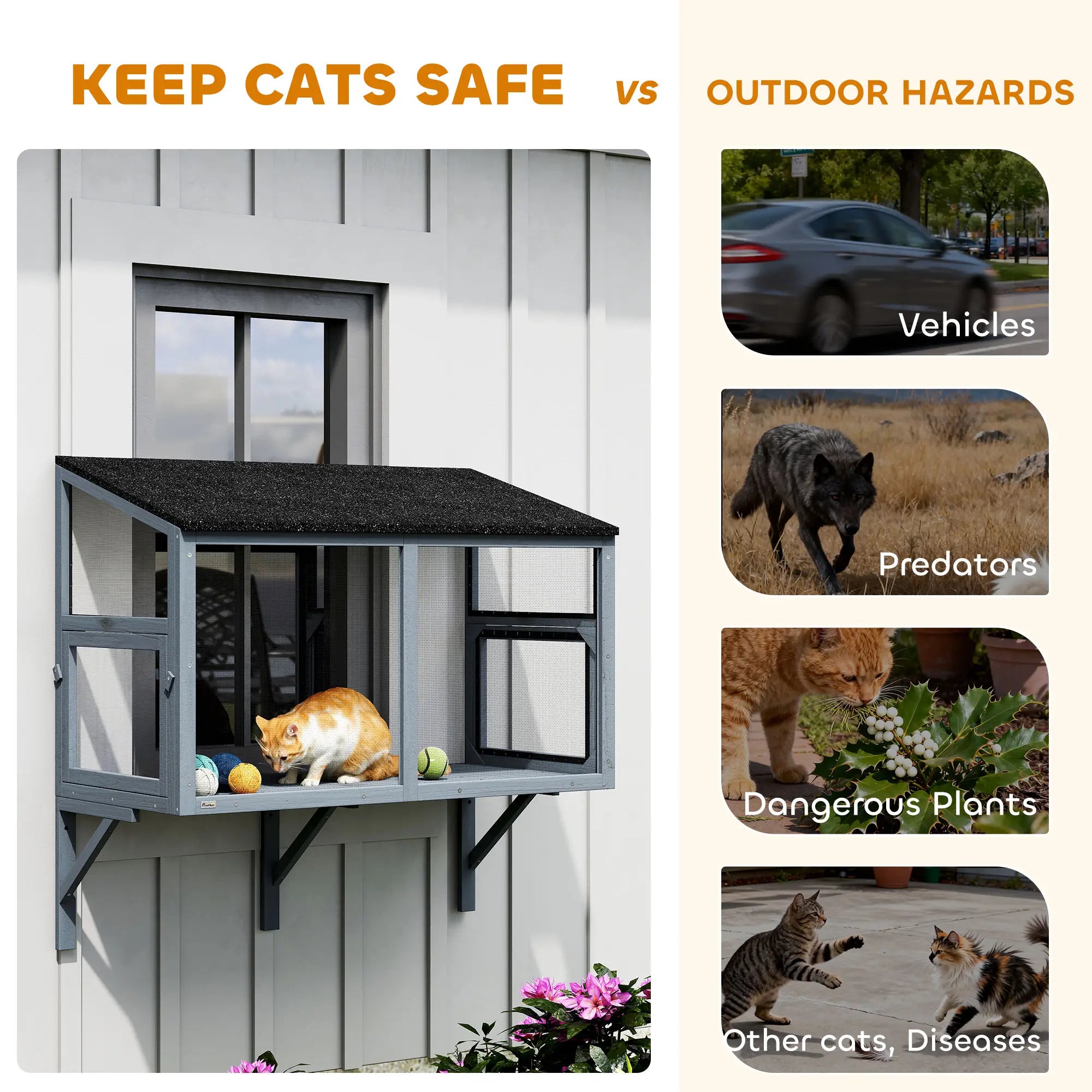 Outdoor Cat Enclosure, Expandable Wooden Cat House, 39.4