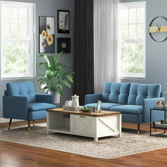 Modern Armchair, Upholstered Accent Chair, Tufted Back, Steel Legs, Blue